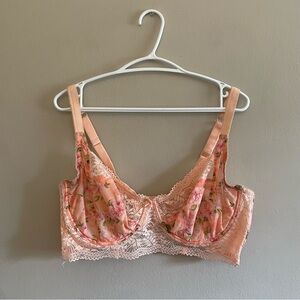 La Vie En Rose Floral & Peach Mesh Lace Unlined Underwire Bra – Size 40DD EUC